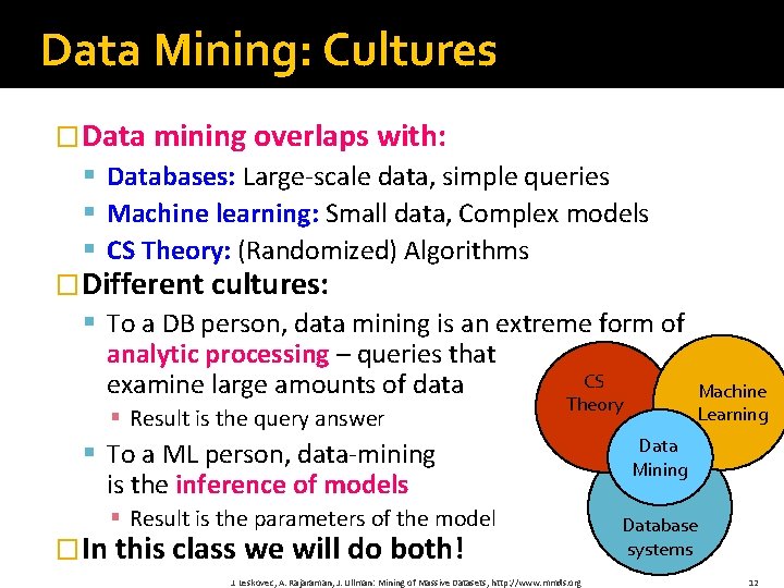 Data Mining: Cultures �Data mining overlaps with: § Databases: Large-scale data, simple queries §