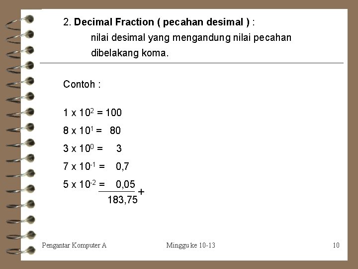 2. Decimal Fraction ( pecahan desimal ) : nilai desimal yang mengandung nilai pecahan