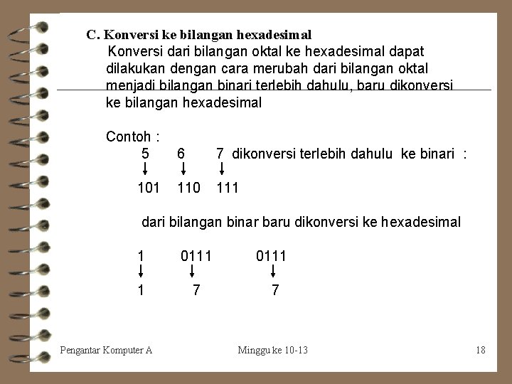 C. Konversi ke bilangan hexadesimal Konversi dari bilangan oktal ke hexadesimal dapat dilakukan dengan