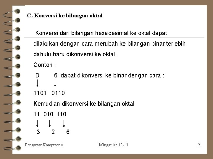 C. Konversi ke bilangan oktal Konversi dari bilangan hexadesimal ke oktal dapat dilakukan dengan