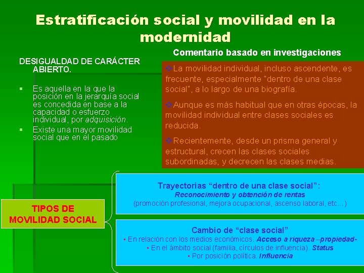 Estratificación social y movilidad en la modernidad DESIGUALDAD DE CARÁCTER ABIERTO. § § Es