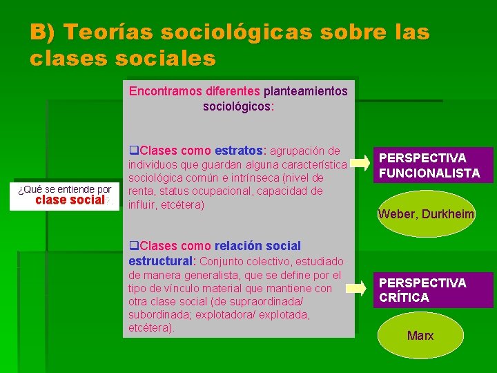 B) Teorías sociológicas sobre las clases sociales Encontramos diferentes planteamientos sociológicos: q. Clases como