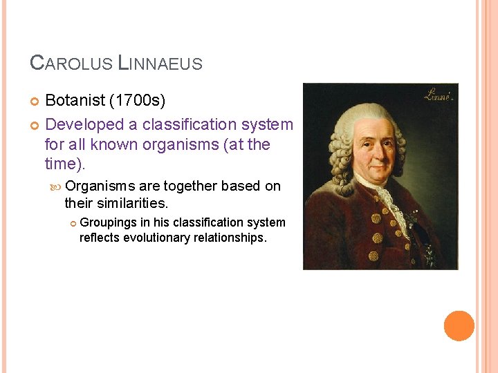 CAROLUS LINNAEUS Botanist (1700 s) Developed a classification system for all known organisms (at