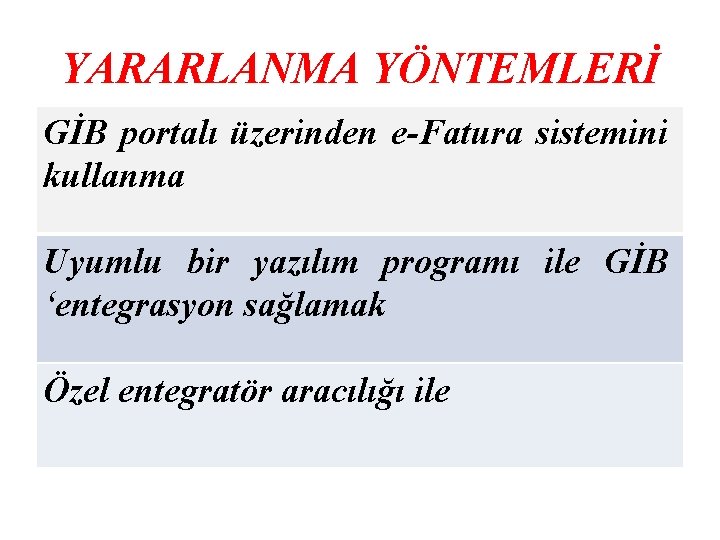 YARARLANMA YÖNTEMLERİ GİB portalı üzerinden e-Fatura sistemini kullanma Uyumlu bir yazılım programı ile GİB