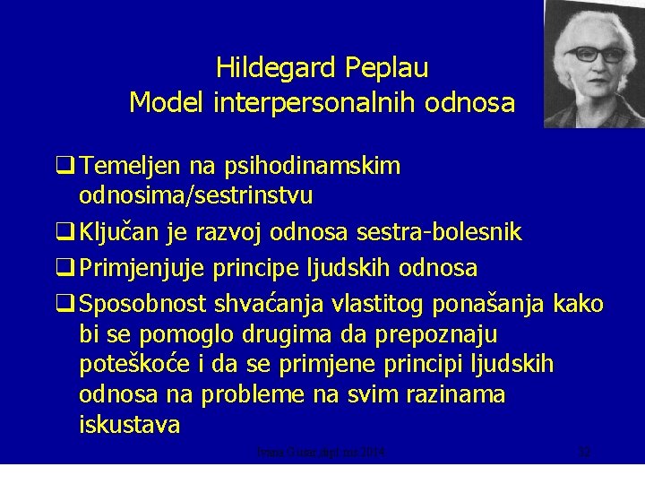 Hildegard Peplau Model interpersonalnih odnosa q Temeljen na psihodinamskim odnosima/sestrinstvu q Ključan je razvoj