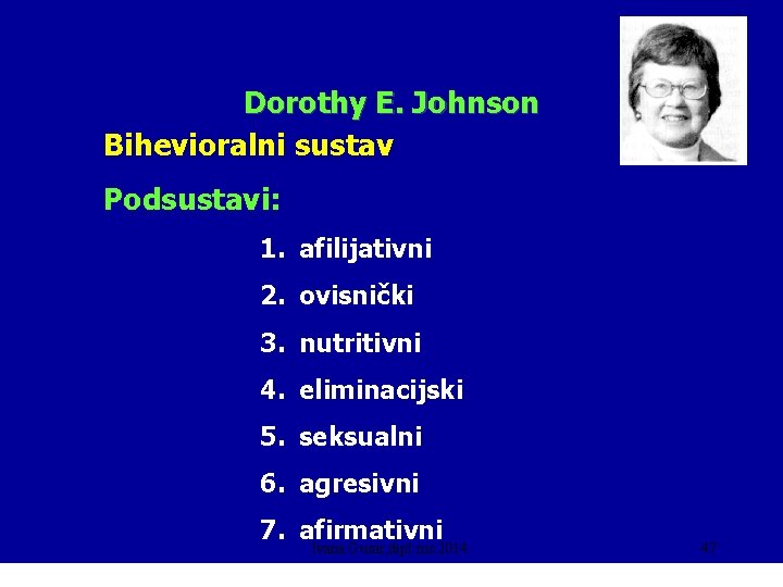 Dorothy E. Johnson Bihevioralni sustav Podsustavi: 1. afilijativni 2. ovisnički 3. nutritivni 4. eliminacijski