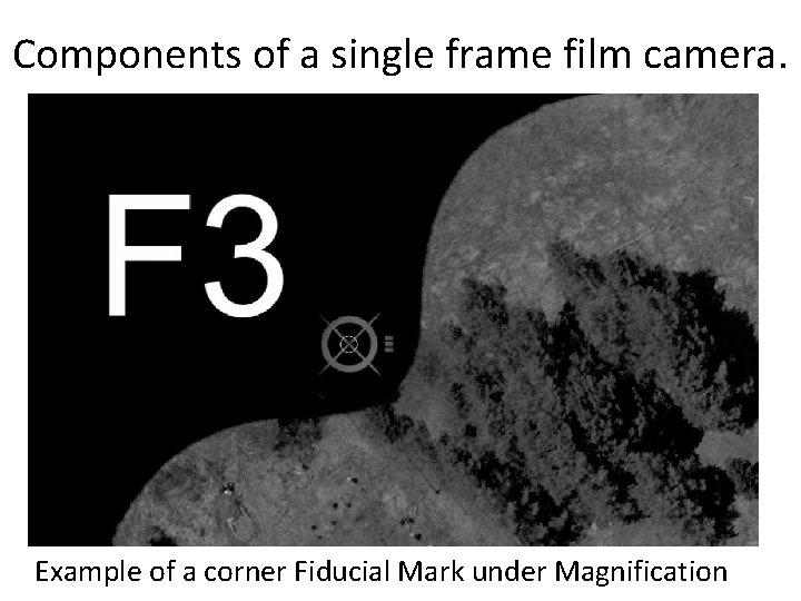 Components of a single frame film camera. Example of a corner Fiducial Mark under Components of a single frame film camera. Example of a corner Fiducial Mark under