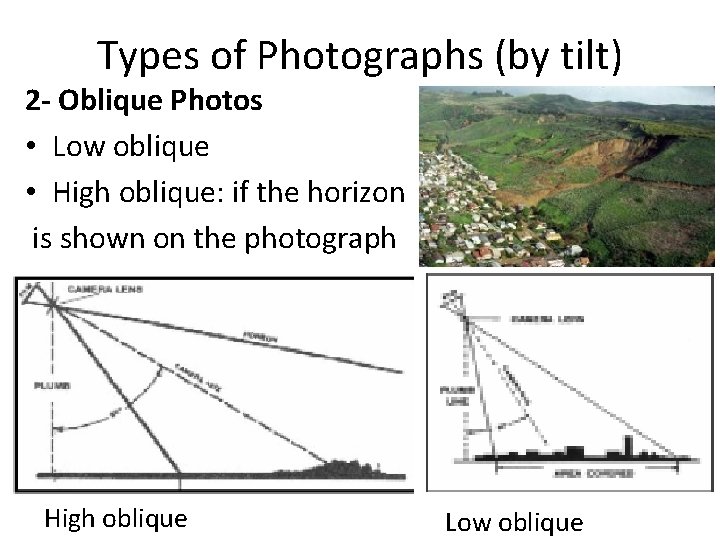 Types of Photographs (by tilt) 2 - Oblique Photos • Low oblique • High