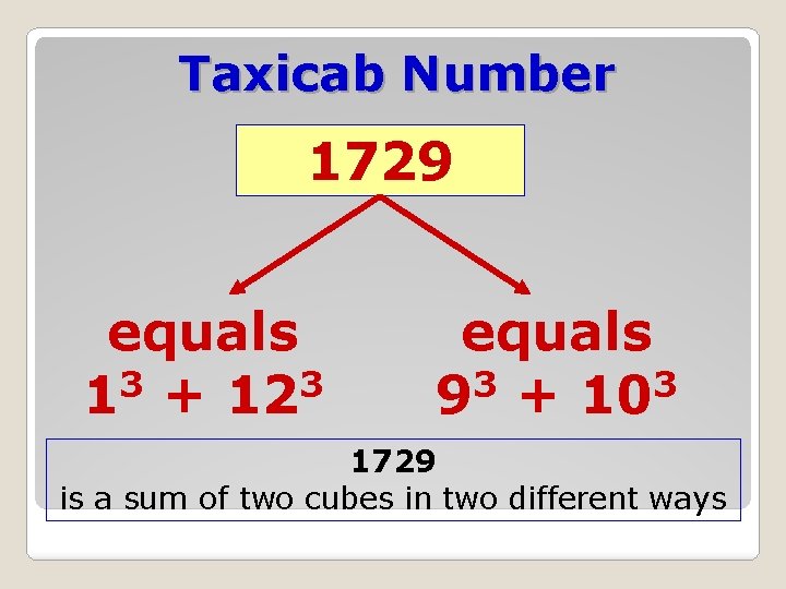 Taxicab Number 1729 equals 13 + 123 equals 93 + 103 1729 is a