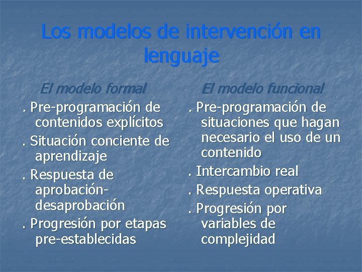 Los modelos de intervención en lenguaje El modelo formal . Pre-programación de contenidos explícitos.