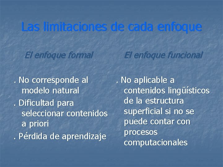 Las limitaciones de cada enfoque El enfoque formal. No corresponde al modelo natural. Dificultad