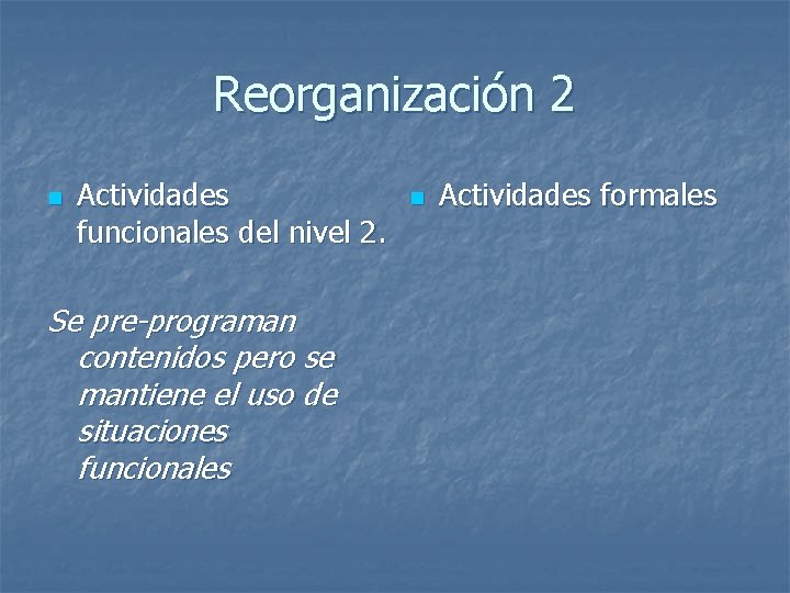 Reorganización 2 n Actividades funcionales del nivel 2. Se pre-programan contenidos pero se mantiene