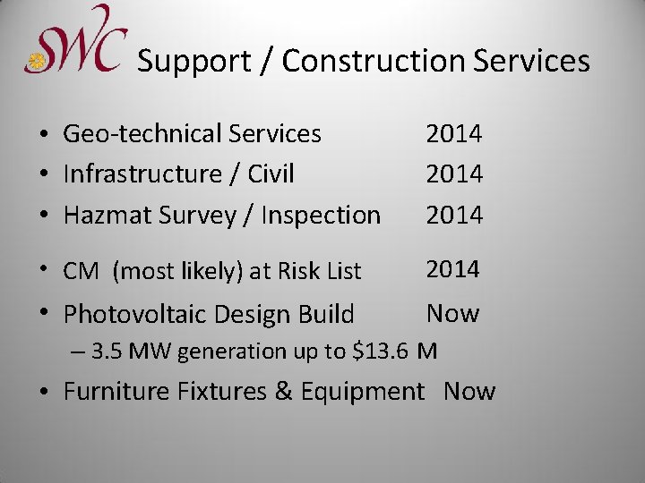 Support / Construction Services • Geo-technical Services • Infrastructure / Civil • Hazmat Survey