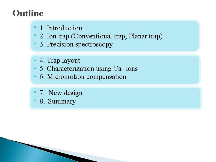 Outline 1. Introduction 2. Ion trap (Conventional trap, Planar trap) 3. Precision spectroscopy 4.