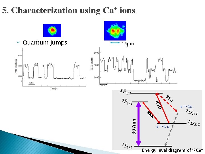 5. Characterization using Ca+ ions 　　　　　 Quantum jumps 15μm 　　　　 2 P 3/2 85