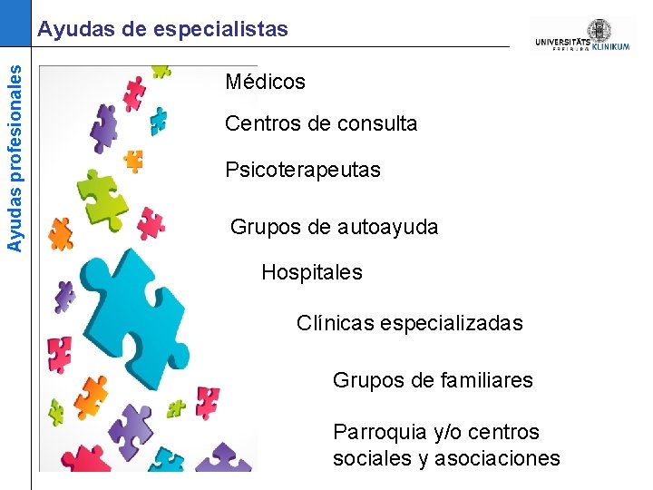 Ayudas profesionales Ayudas de especialistas Médicos Centros de consulta Psicoterapeutas Grupos de autoayuda Hospitales