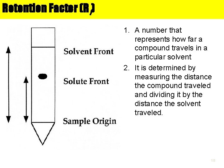 Retention Factor (Rf) 1. A number that represents how far a compound travels in