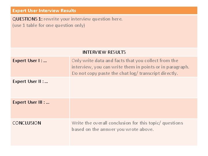 Expert User Interview Results QUESTIONS 1: rewrite your interview question here. (use 1 table Expert User Interview Results QUESTIONS 1: rewrite your interview question here. (use 1 table