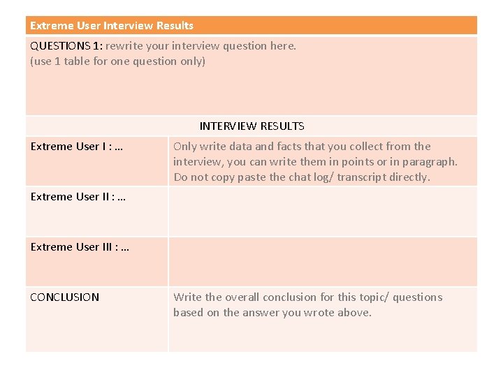 Extreme User Interview Results QUESTIONS 1: rewrite your interview question here. (use 1 table Extreme User Interview Results QUESTIONS 1: rewrite your interview question here. (use 1 table
