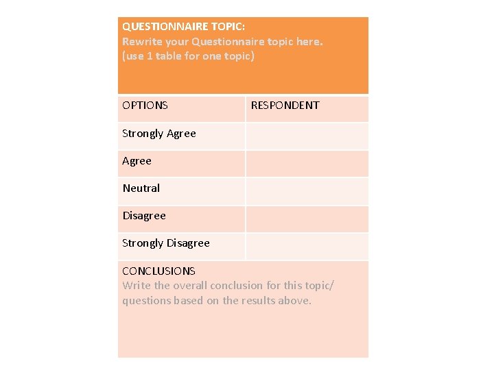 QUESTIONNAIRE TOPIC: Rewrite your Questionnaire topic here. (use 1 table for one topic) OPTIONS QUESTIONNAIRE TOPIC: Rewrite your Questionnaire topic here. (use 1 table for one topic) OPTIONS