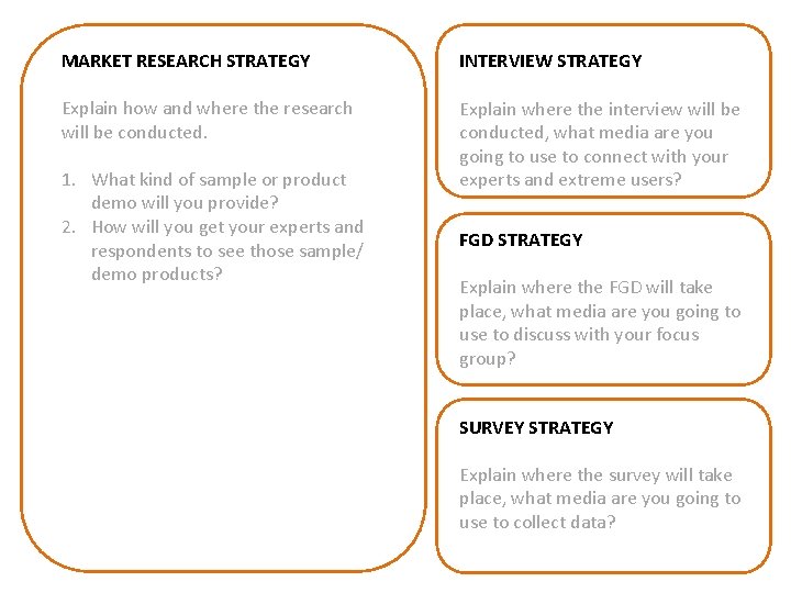 MARKET RESEARCH STRATEGY INTERVIEW STRATEGY Explain how and where the research will be conducted. MARKET RESEARCH STRATEGY INTERVIEW STRATEGY Explain how and where the research will be conducted.