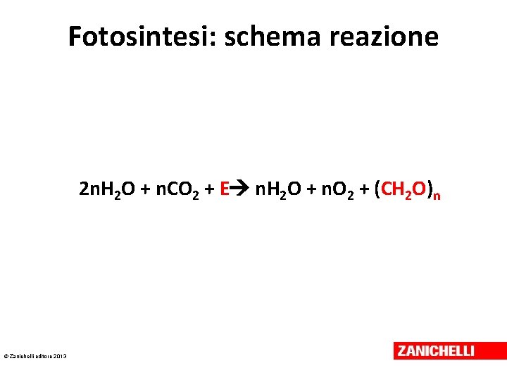 Fotosintesi: schema reazione 2 n. H 2 O + n. CO 2 + E Fotosintesi: schema reazione 2 n. H 2 O + n. CO 2 + E