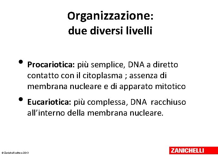 Organizzazione: due diversi livelli • Procariotica: più semplice, DNA a diretto contatto con il Organizzazione: due diversi livelli • Procariotica: più semplice, DNA a diretto contatto con il