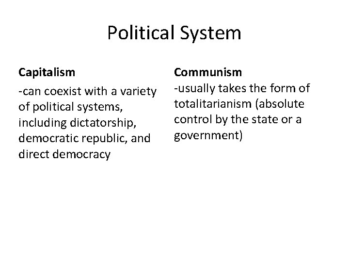 Political System Capitalism -can coexist with a variety of political systems, including dictatorship, democratic