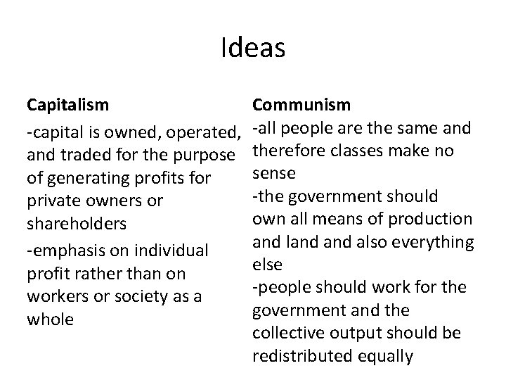 Ideas Capitalism -capital is owned, operated, and traded for the purpose of generating profits
