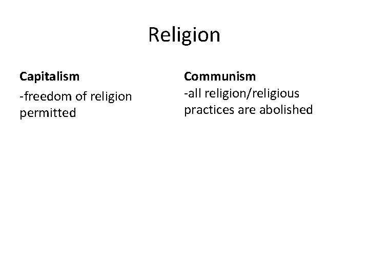 Religion Capitalism -freedom of religion permitted Communism -all religion/religious practices are abolished 