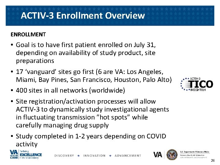 ACTIV-3 Enrollment Overview ENROLLMENT • Goal is to have first patient enrolled on July
