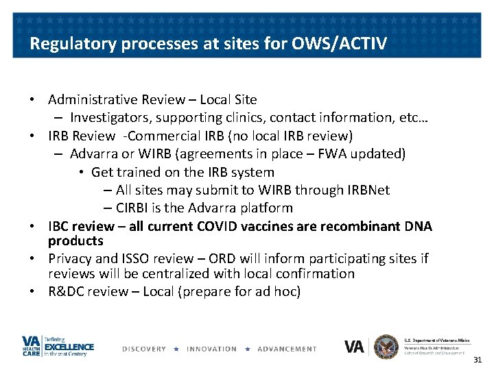 Regulatory processes at sites for OWS/ACTIV • Administrative Review – Local Site – Investigators,