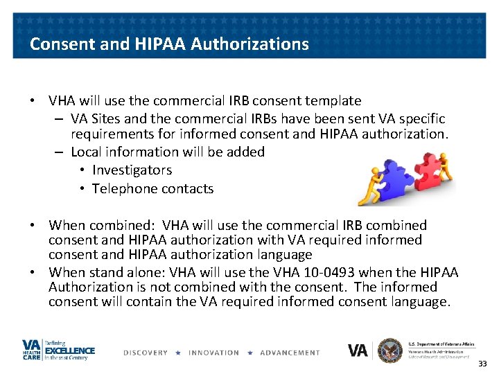 Consent and HIPAA Authorizations • VHA will use the commercial IRB consent template –