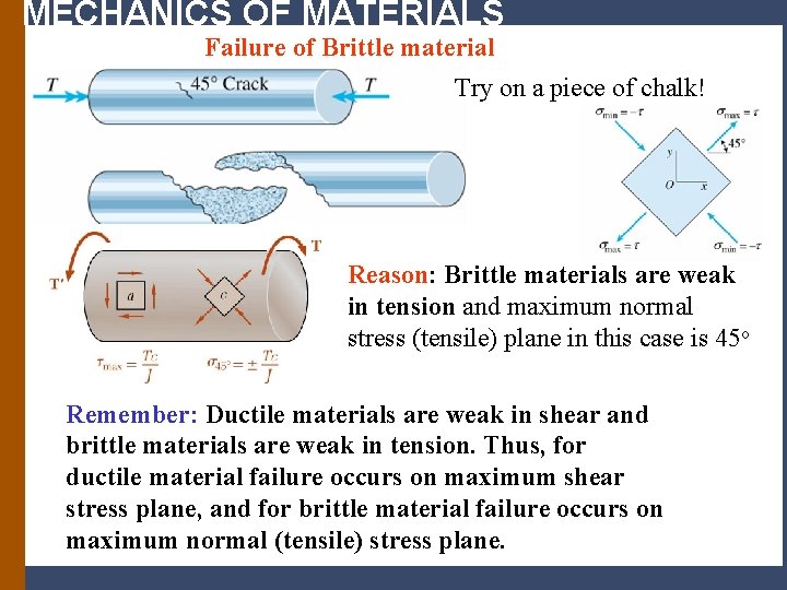 MECHANICS OF MATERIALS Failure of Brittle material Try on a piece of chalk! Reason: