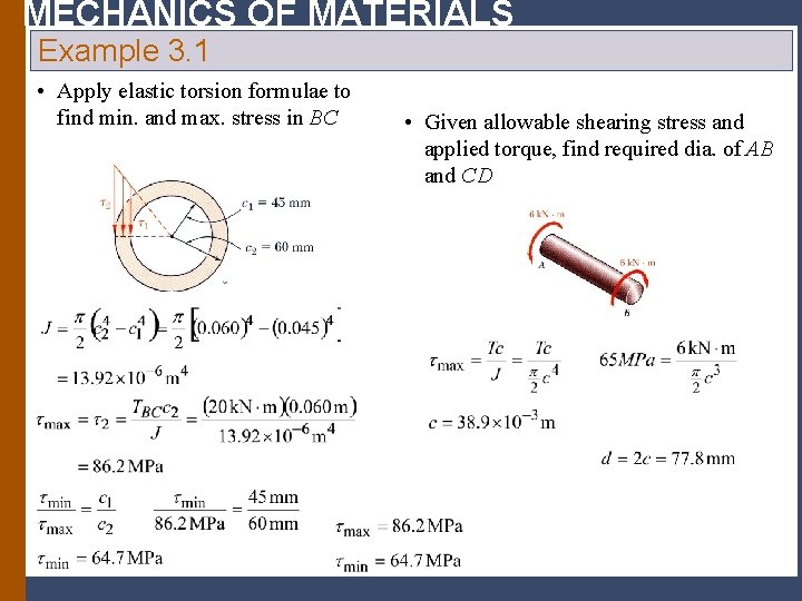MECHANICS OF MATERIALS Example 3. 1 • Apply elastic torsion formulae to find min.