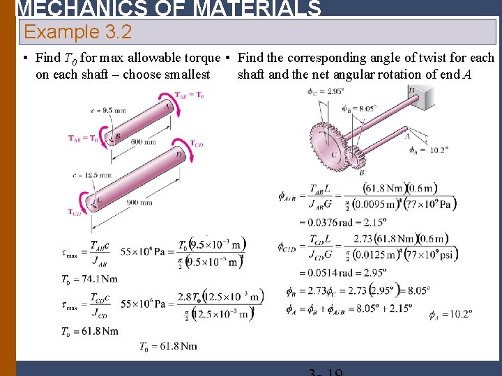 MECHANICS OF MATERIALS Example 3. 2 • Find T 0 for max allowable torque