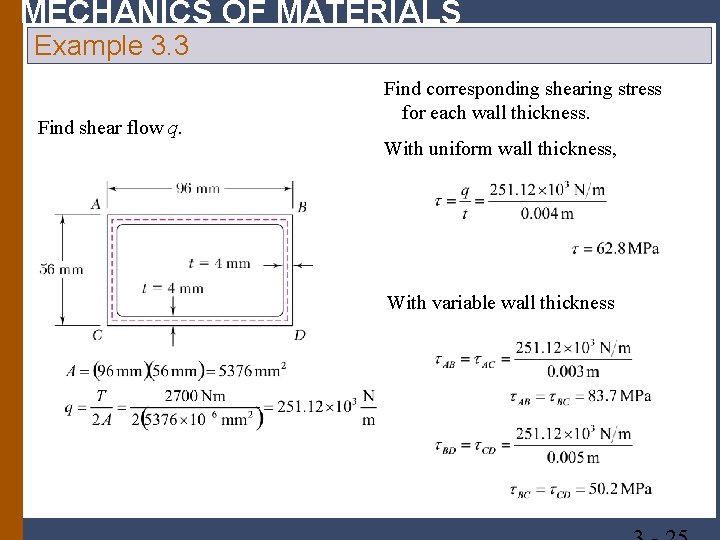 MECHANICS OF MATERIALS Example 3. 3 Find shear flow q. Find corresponding shearing stress