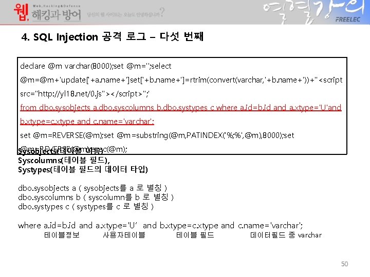 4. SQL Injection 공격 로그 – 다섯 번째 declare @m varchar(8000); set @m=''; select