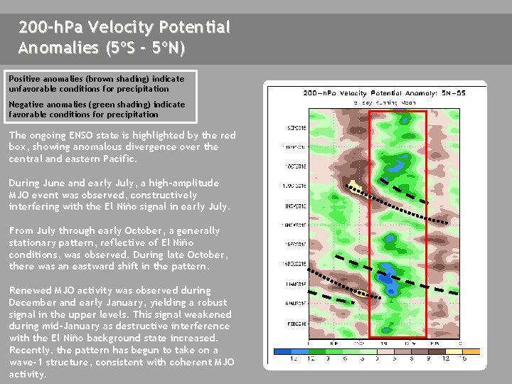 200 -h. Pa Velocity Potential Anomalies (5ºS - 5ºN) Positive anomalies (brown shading) indicate