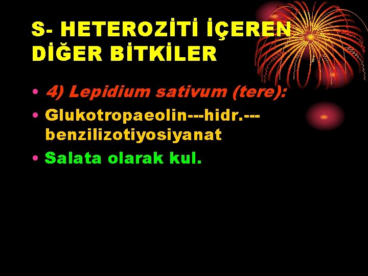 S- HETEROZİTİ İÇEREN DİĞER BİTKİLER • 4) Lepidium sativum (tere): • Glukotropaeolin---hidr. --benzilizotiyosiyanat •