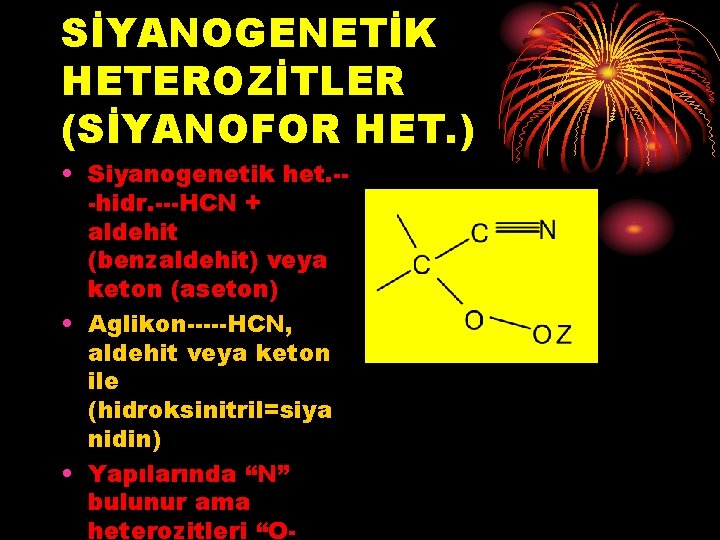 SİYANOGENETİK HETEROZİTLER (SİYANOFOR HET. ) • Siyanogenetik het. --hidr. ---HCN + aldehit (benzaldehit) veya SİYANOGENETİK HETEROZİTLER (SİYANOFOR HET. ) • Siyanogenetik het. --hidr. ---HCN + aldehit (benzaldehit) veya