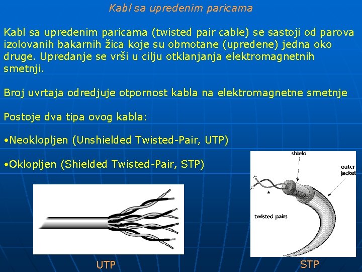 Kabl sa upredenim paricama (twisted pair cable) se sastoji od parova izolovanih bakarnih žica