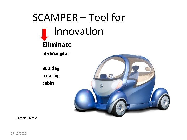 SCAMPER – Tool for Innovation Eliminate reverse gear 360 deg rotating cabin Nissan Pivo