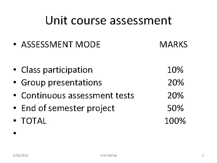 Unit course assessment • ASSESSMENT MODE MARKS • • • Class participation 10% Group