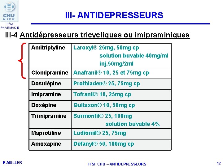 III- ANTIDEPRESSEURS Pôle PHARMACIE III-4 Antidépresseurs tricycliques ou imipraminiques Amitriptyline Laroxyl® 25 mg, 50