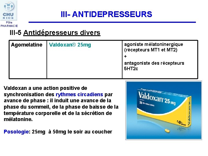 III- ANTIDEPRESSEURS Pôle PHARMACIE III-5 Antidépresseurs divers Agomelatine Valdoxan® 25 mg Valdoxan a une