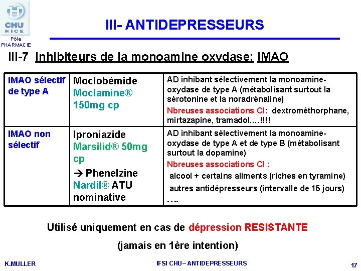 III- ANTIDEPRESSEURS Pôle PHARMACIE III-7 Inhibiteurs de la monoamine oxydase: IMAO sélectif Moclobémide de