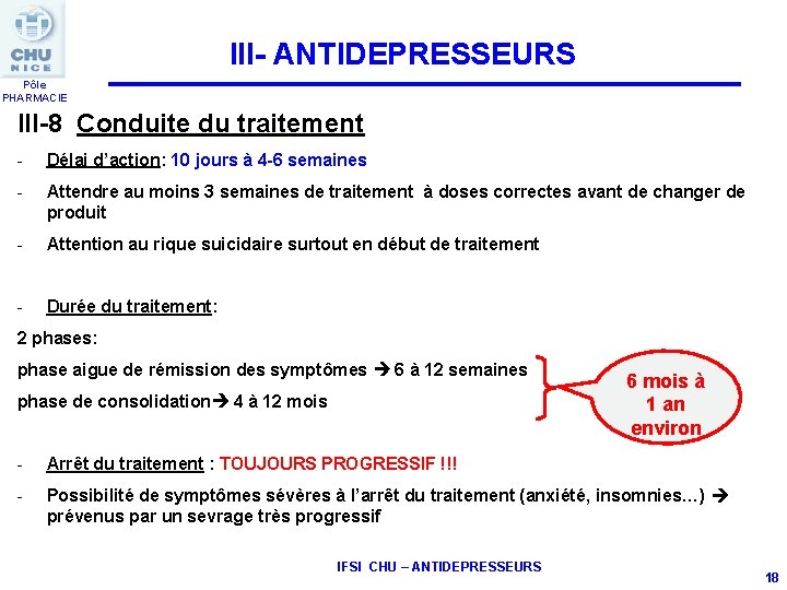 III- ANTIDEPRESSEURS Pôle PHARMACIE III-8 Conduite du traitement - Délai d’action: 10 jours à
