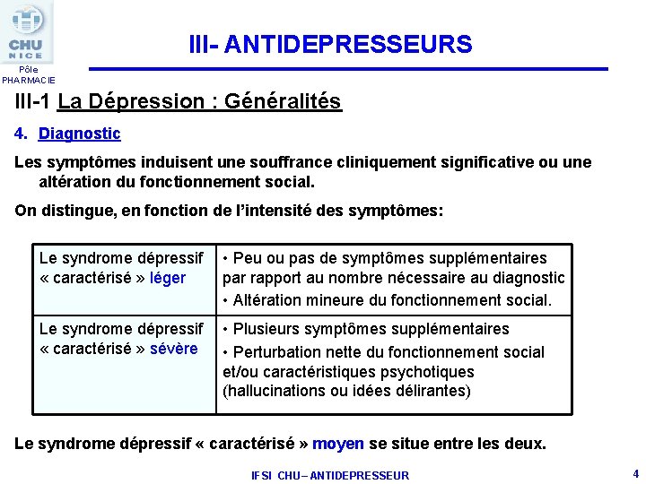 III- ANTIDEPRESSEURS Pôle PHARMACIE III-1 La Dépression : Généralités 4. Diagnostic Les symptômes induisent