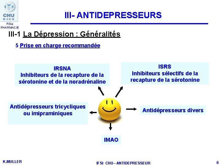 III- ANTIDEPRESSEURS Pôle PHARMACIE III-1 La Dépression : Généralités 5 Prise en charge recommandée